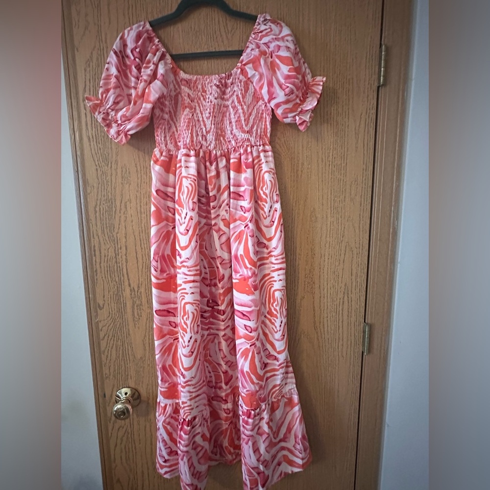 Pink and White Patterned Midi Dress- Small- NWOT